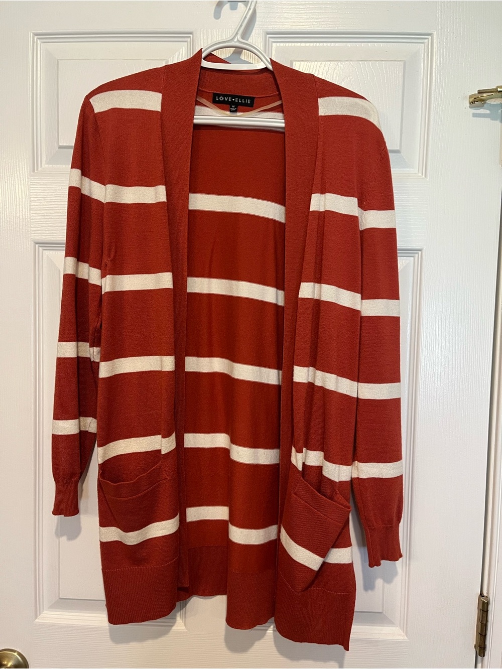 LOVE+Ellie Open-Front Rust and White Striped Cardigan